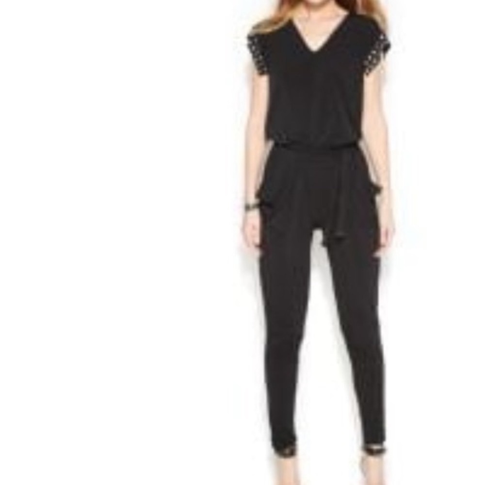 MICHAEL Kors one piece black jumpsuit pockets sz small gold stud shoulders